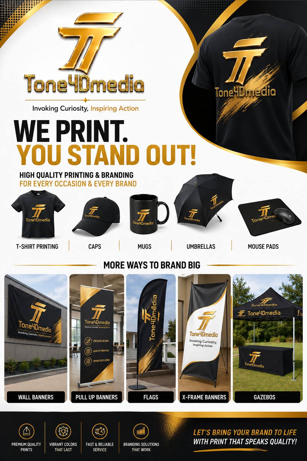 Tone4DMedia promotional artwork with illustrated examples of branded apparel and display products.
